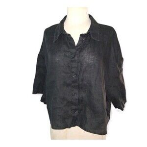 H & M Oversized Linen Button Front Shirt Women's Size Large Cropped Short Sleeve